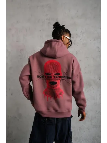 Erkek Maske Baskılı Kapüşonlu Sweat - Gül Kurusu