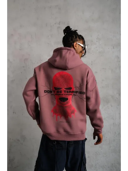 Erkek Maske Baskılı Kapüşonlu Sweat - Gül Kurusu