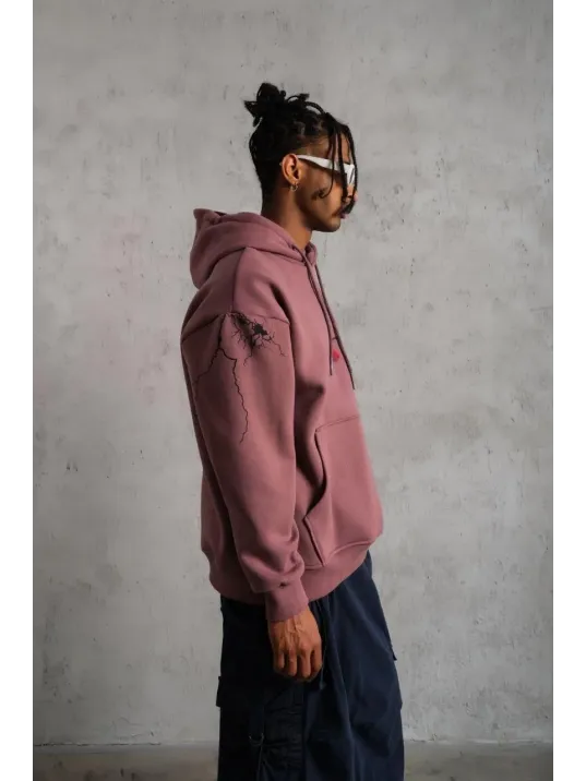 Erkek Maske Baskılı Kapüşonlu Sweat - Gül Kurusu