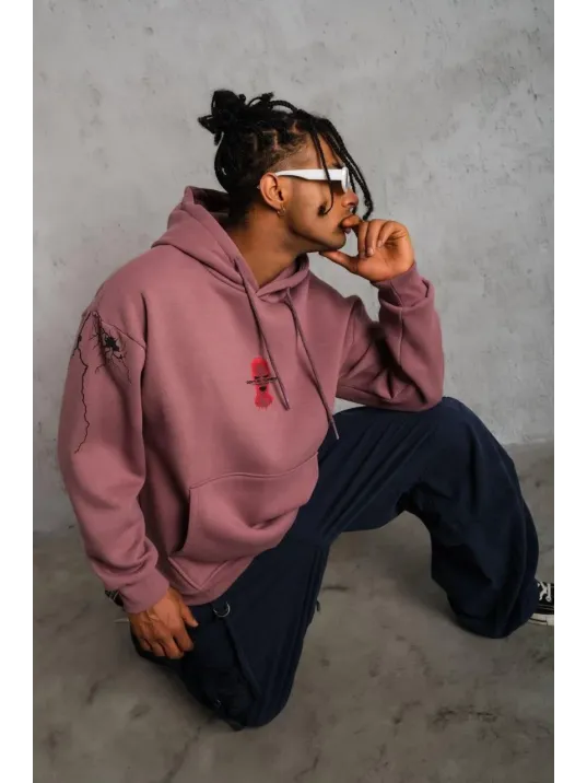 Erkek Maske Baskılı Kapüşonlu Sweat - Gül Kurusu