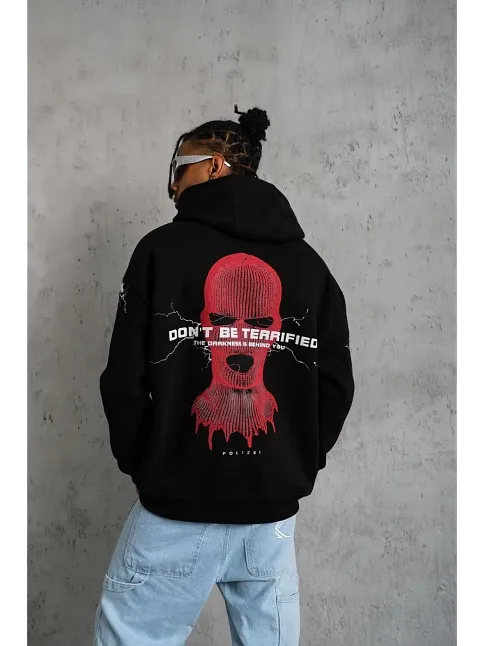 Erkek Maske Baskılı Kapüşonlu Sweat - Siyah