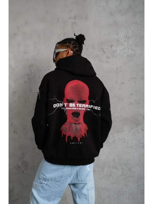 Erkek Oversize Üç İplik Kapüşonlu Sweatshirt – Siyah “Don’t Be Terrified” Ön, Sırt ve Kol Baskılı, Kanguru Cepli, Ribanalı Rahat Model- Siyah Erkek Oversize Üç İplik Kapüşonlu Sweatshirt – Siyah “Don’t Be Terrified” Ön, Sırt ve Kol Baskılı, Kanguru Cepli, Ribanalı Rahat Model- Siyah
