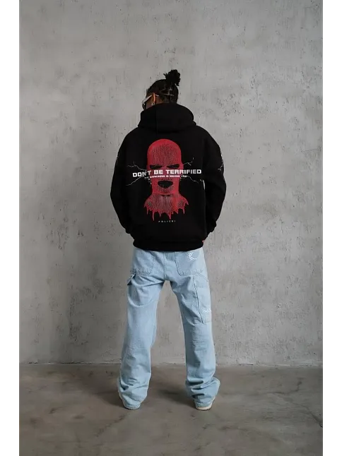 Erkek Maske Baskılı Kapüşonlu Sweat - Siyah