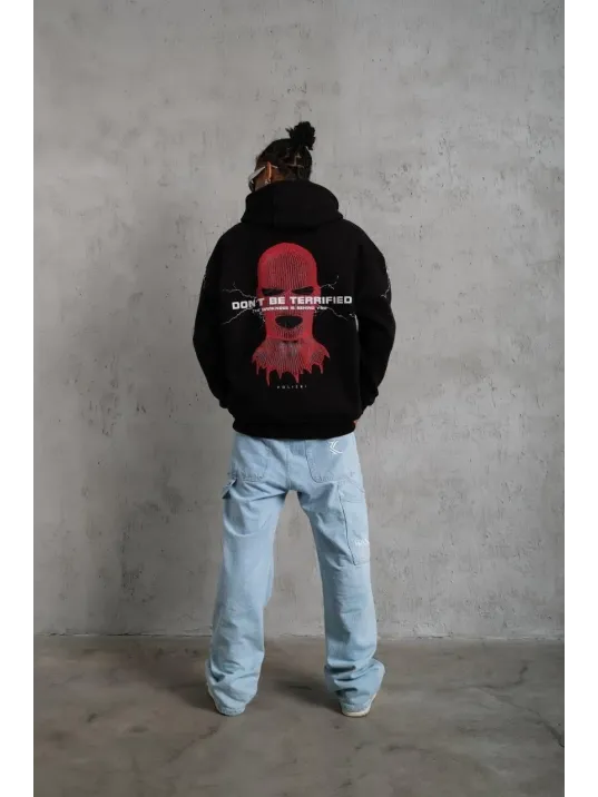 Erkek Oversize Üç İplik Kapüşonlu Sweatshirt – Siyah “Don’t Be Terrified” Ön, Sırt ve Kol Baskılı, Kanguru Cepli, Ribanalı Rahat Model- Siyah Erkek Oversize Üç İplik Kapüşonlu Sweatshirt – Siyah “Don’t Be Terrified” Ön, Sırt ve Kol Baskılı, Kanguru Cepli, Ribanalı Rahat Model- Siyah