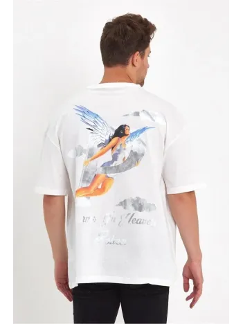 Erkek Melek Baskılı Oversize T-shirt - Beyaz