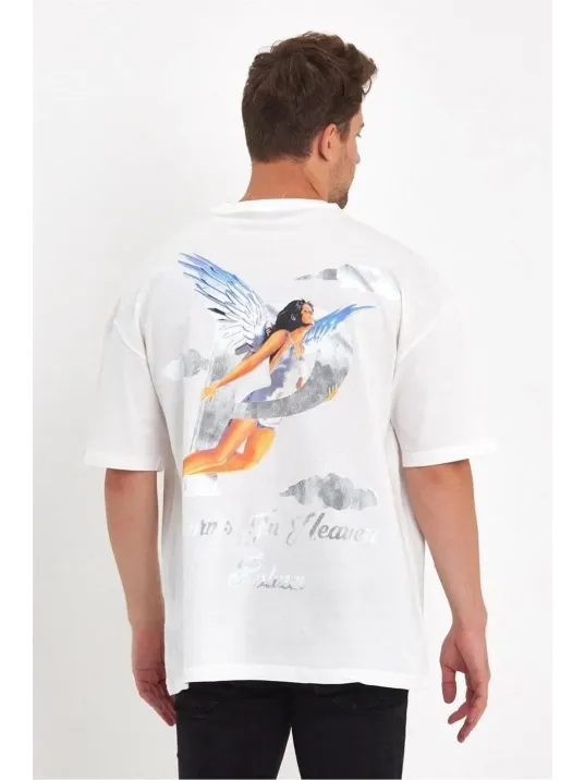 Erkek Melek Baskılı Oversize T-shirt - Beyaz Erkek Melek Baskılı Oversize T-shirt - Beyaz