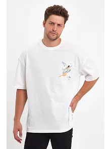 Erkek Melek Baskılı Oversize T-shirt - Beyaz