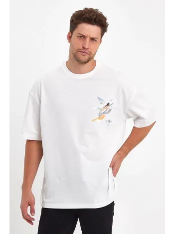 Erkek Melek Baskılı Oversize T-shirt - Beyaz