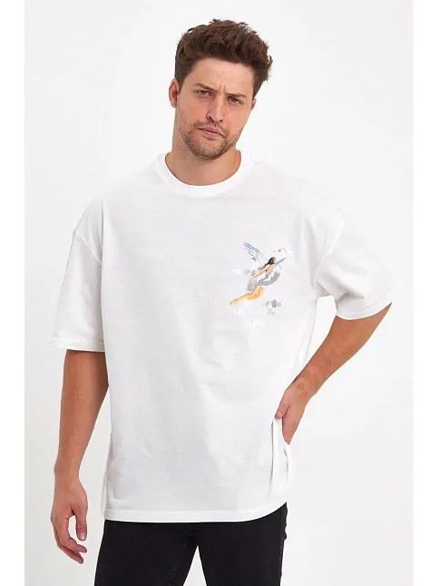 Erkek Melek Baskılı Oversize T-shirt - Beyaz