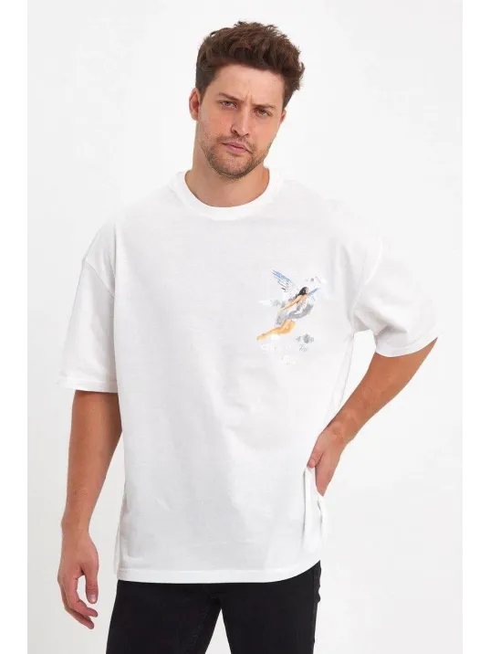 Erkek Melek Baskılı Oversize T-shirt - Beyaz Erkek Melek Baskılı Oversize T-shirt - Beyaz