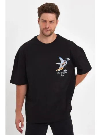 Erkek Melek Baskılı Oversize T-shirt - Siyah