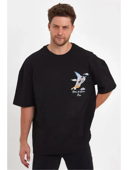 Erkek Melek Baskılı Oversize T-shirt - Siyah