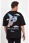 Erkek Melek Baskılı Oversize T-shirt - Siyah