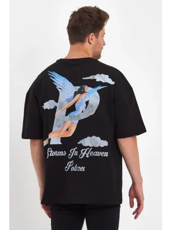 Erkek Melek Baskılı Oversize T-shirt - Siyah
