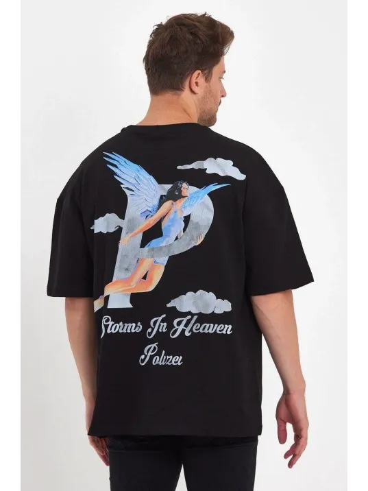 Erkek Melek Baskılı Oversize T-shirt - Siyah