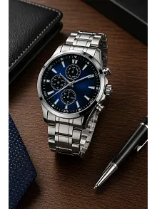 Erkek Metal Kordon Analog Kol Saati Takvim Göstergeli Gümüş Renk Kasa Lacivert Kadran
