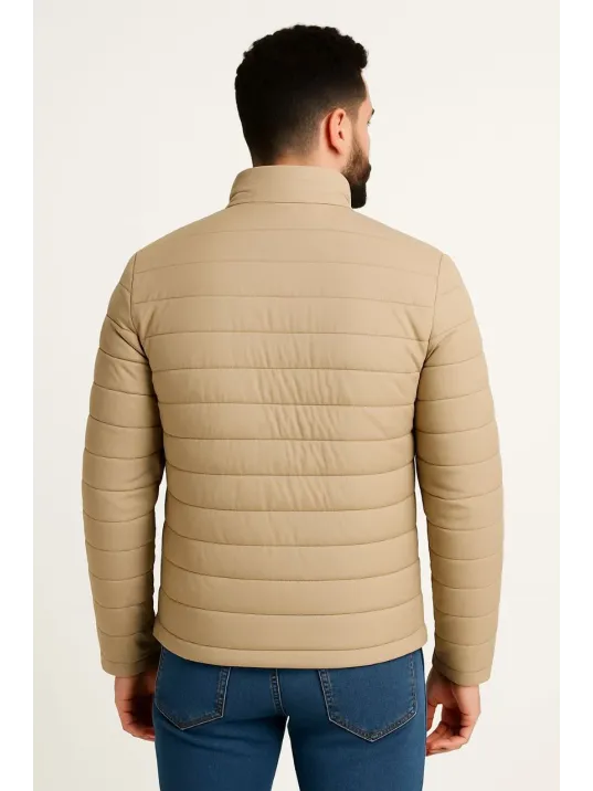 Erkek Mikro Su İtici Kapitone Baskılı Astarlı Fermuarlı Bomber Mont - Bej