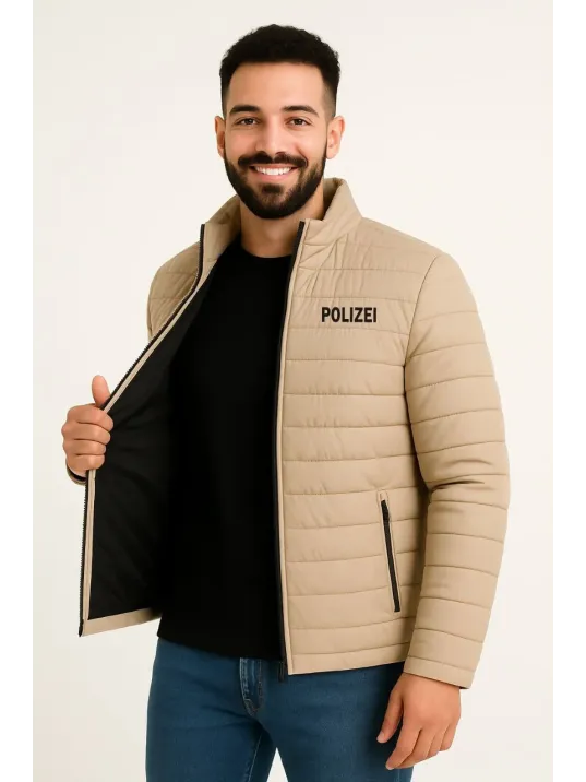 Erkek Mikro Su İtici Kapitone Baskılı Astarlı Fermuarlı Bomber Mont - Bej