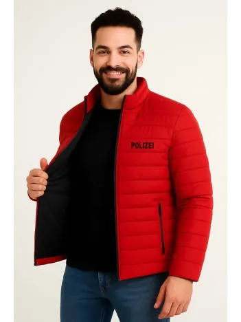 Erkek Mikro Su İtici Kapitone Baskılı Astarlı Fermuarlı Bomber Mont - Kırmızı