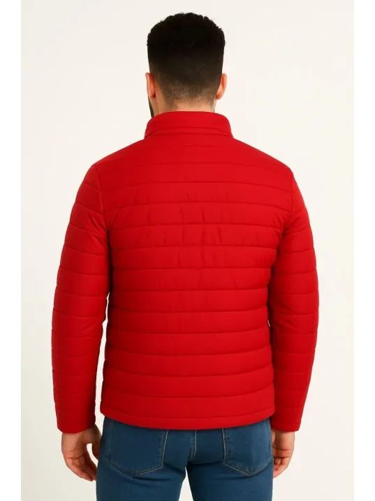 Erkek Mikro Su İtici Kapitone Baskılı Astarlı Fermuarlı Bomber Mont - Kırmızı