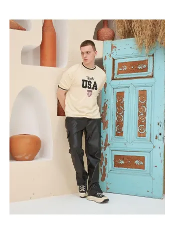 Erkek Nakış İşlemeli Ribanalı Oversize T-shirt - Bej