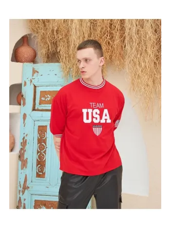 Erkek Nakış İşlemeli Ribanalı Oversize T-shirt - Kırmızı