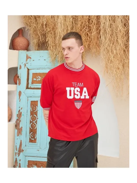 Erkek Nakış İşlemeli Ribanalı Oversize T-shirt - Kırmızı