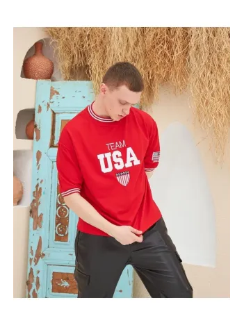 Erkek Nakış İşlemeli Ribanalı Oversize T-shirt - Kırmızı