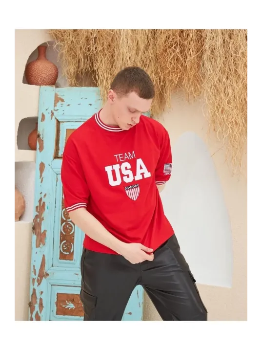 Erkek Nakış İşlemeli Ribanalı Oversize T-shirt - Kırmızı