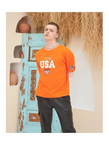 Erkek Nakış İşlemeli Ribanalı Oversize T-shirt - Turuncu