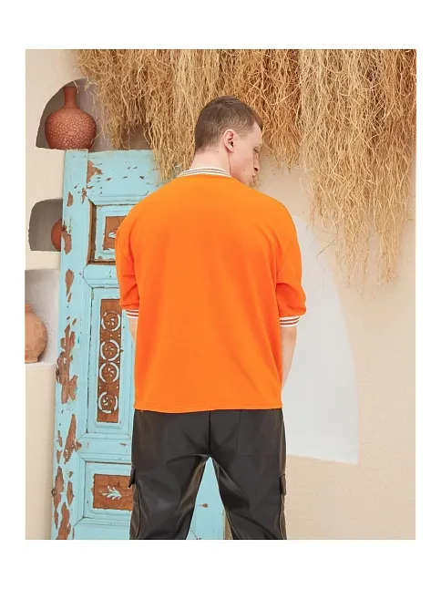 Erkek Nakış İşlemeli Ribanalı Oversize T-shirt - Turuncu
