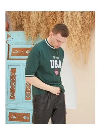 Erkek Nakış İşlemeli Ribanalı Oversize T-shirt - Yeşil