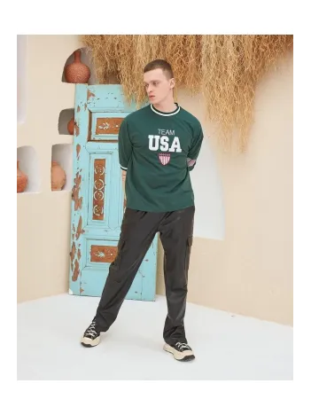 Erkek Nakış İşlemeli Ribanalı Oversize T-shirt - Yeşil