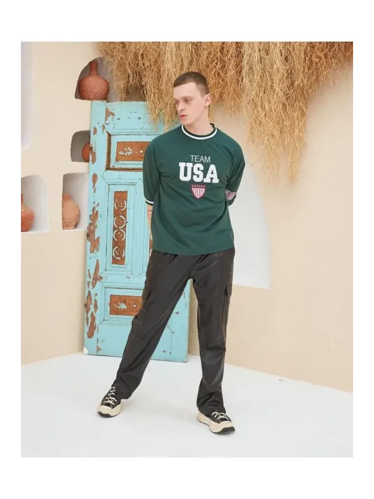 Erkek Nakış İşlemeli Ribanalı Oversize T-shirt - Yeşil Erkek Nakış İşlemeli Ribanalı Oversize T-shirt - Yeşil