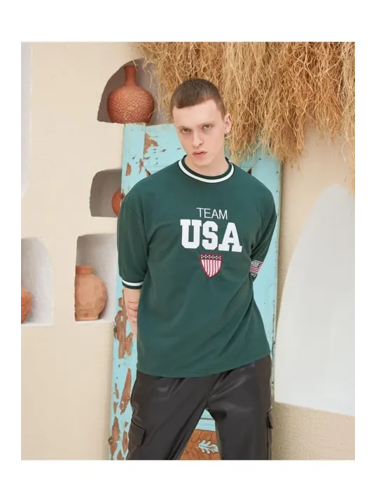 Erkek Nakış İşlemeli Ribanalı Oversize T-shirt - Yeşil Erkek Nakış İşlemeli Ribanalı Oversize T-shirt - Yeşil