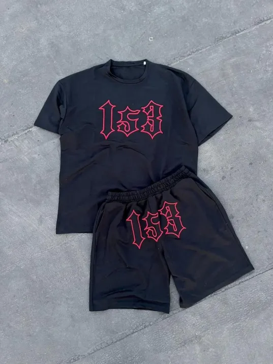 Erkek Nakış İşlemeli Şortlu Takım - Siyah Erkek Nakış İşlemeli Şortlu Takım - Siyah