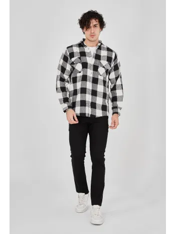 Erkek Oduncu Gömlek – Uzun Kollu, Şardonlu Kumaş, Kareli Desen, Regular Fit, Manşetli, Çift Cepli, Rahat Günlük Bahar & Kış Stil - Siyah