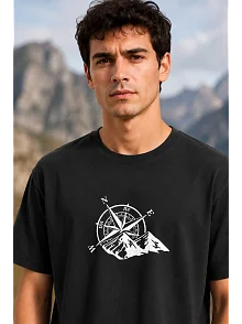Erkek Outdoor Pusula Dağ Baskılı Kısa Kollu Oversize T-shirt - Siyah Erkek Outdoor Pusula Dağ Baskılı Kısa Kollu Oversize T-shirt - Siyah
