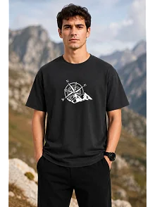 Erkek Outdoor Pusula Dağ Baskılı Kısa Kollu Oversize T-shirt - Siyah