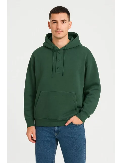 Erkek Ovarsize Kapüşonlu Swetshirt Kanguru Çepli Cıtcıtlı 3 İplik Şardonlu Hoodie - Haki