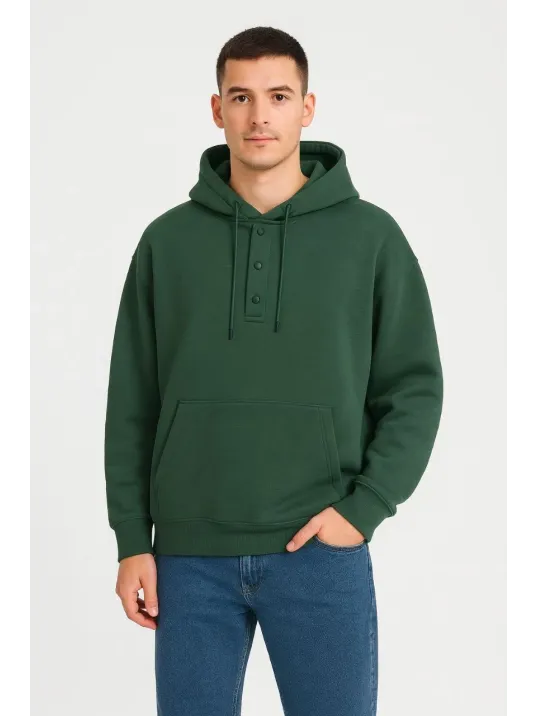 Erkek Ovarsize Kapüşonlu Swetshirt Kanguru Çepli Cıtcıtlı 3 iplik Şardonlu Hoodie - Haki