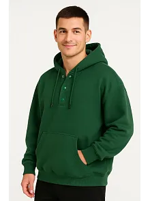 Erkek Ovarsize Kapüşonlu Swetshirt Kanguru Çepli Cıtcıtlı 3 İplik Şardonlu Hoodie - Haki