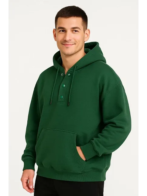 Erkek Ovarsize Kapüşonlu Swetshirt Kanguru Çepli Cıtcıtlı 3 İplik Şardonlu Hoodie - Haki