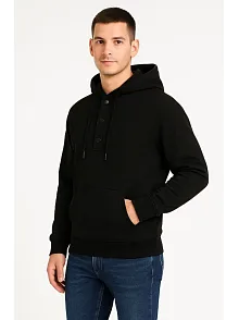 Erkek Ovarsize Kapüşonlu Swetshirt Kanguru Çepli Cıtcıtlı 3 İplik Şardonlu Hoodie - Siyah