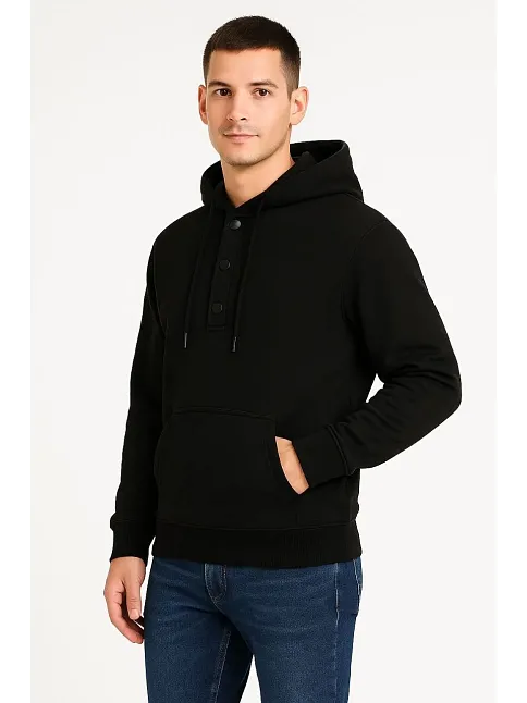 Erkek Ovarsize Kapüşonlu Swetshirt Kanguru Çepli Cıtcıtlı 3 İplik Şardonlu Hoodie - Siyah