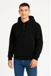 Erkek Ovarsize Kapüşonlu Swetshirt Kanguru Çepli Cıtcıtlı 3 İplik Şardonlu Hoodie - Siyah