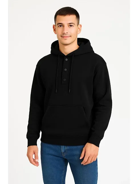 Erkek Ovarsize Kapüşonlu Swetshirt Kanguru Çepli Cıtcıtlı 3 İplik Şardonlu Hoodie - Siyah