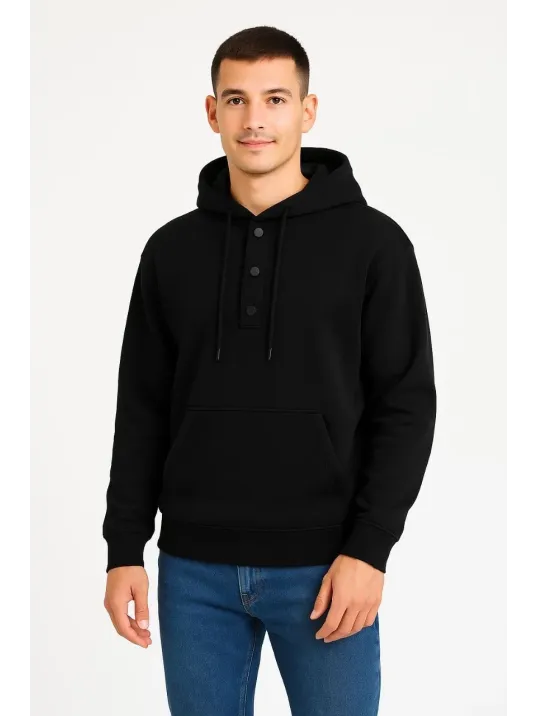 Erkek Ovarsize Kapüşonlu Swetshirt Kanguru Çepli Cıtcıtlı 3 iplik Şardonlu Hoodie - Siyah