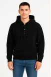 Erkek Ovarsize Kapüşonlu Swetshirt Kanguru Çepli Cıtcıtlı 3 İplik Şardonlu Hoodie - Siyah