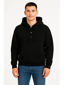 Erkek Ovarsize Kapüşonlu Swetshirt Kanguru Çepli Cıtcıtlı 3 İplik Şardonlu Hoodie - Siyah